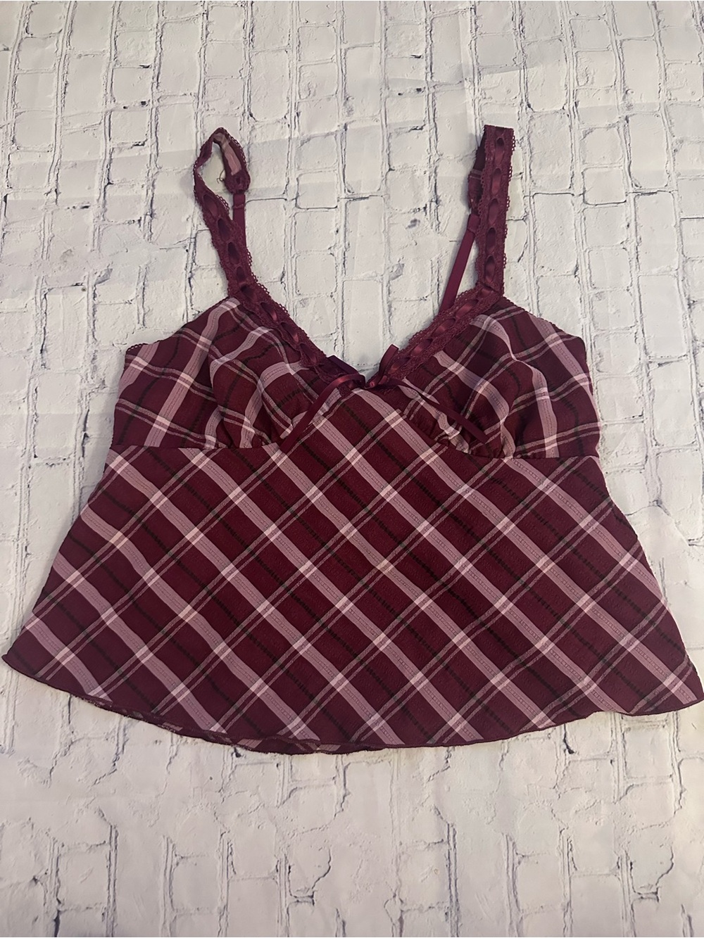 No Boundaries Burgundy Mediums Plaid Lace-Trim Cami